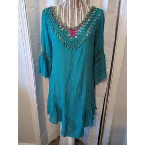 India Boutique Crochet 3/4 Sleeve Swim Cover Up One Size Light Aqua